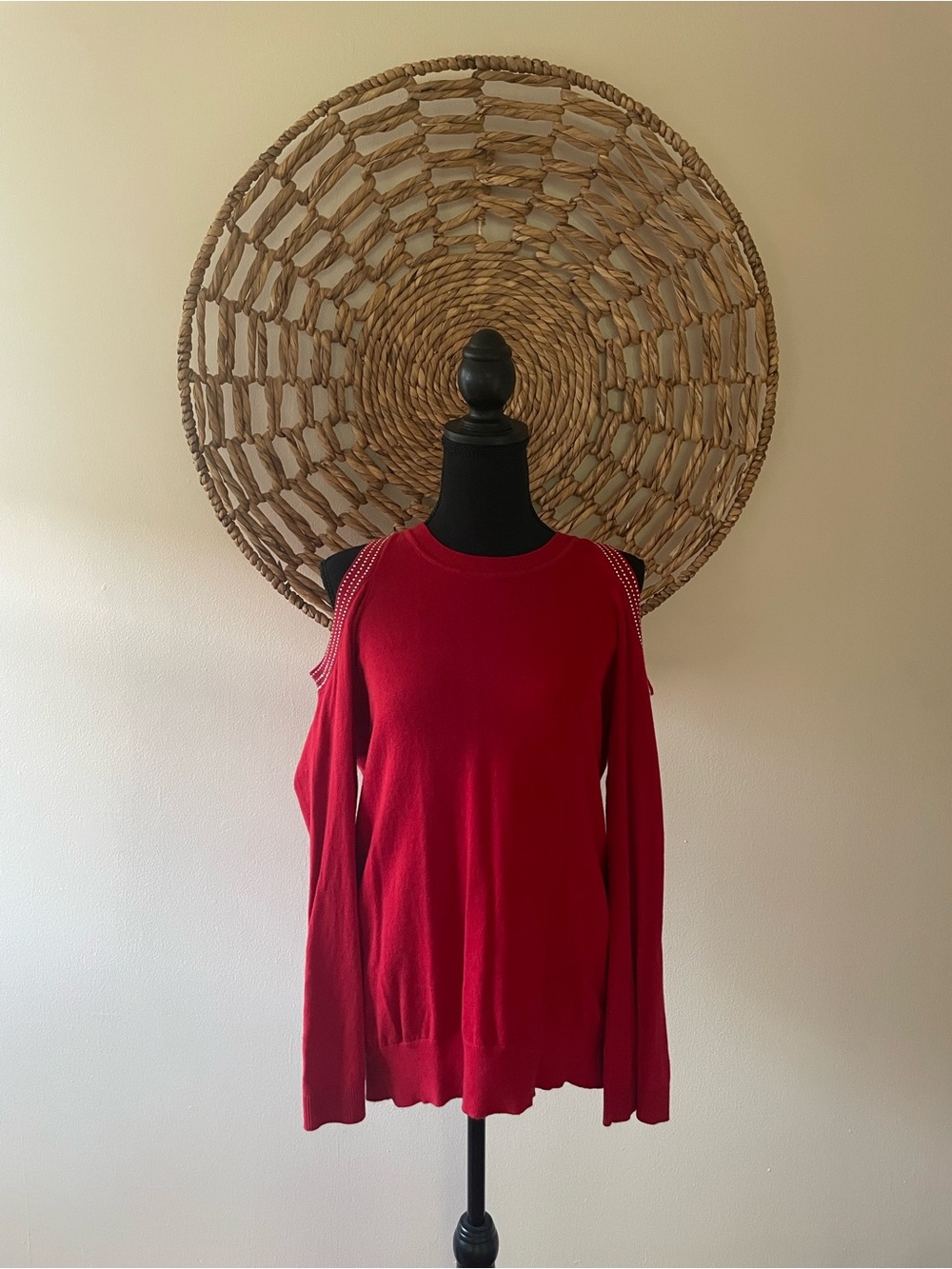 Michael Kors Red Cold-Shoulder Sweater with Stud Detail